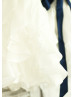Ivory Taffeta Ruffle Flower Girl Dress With Navy Blue Sash